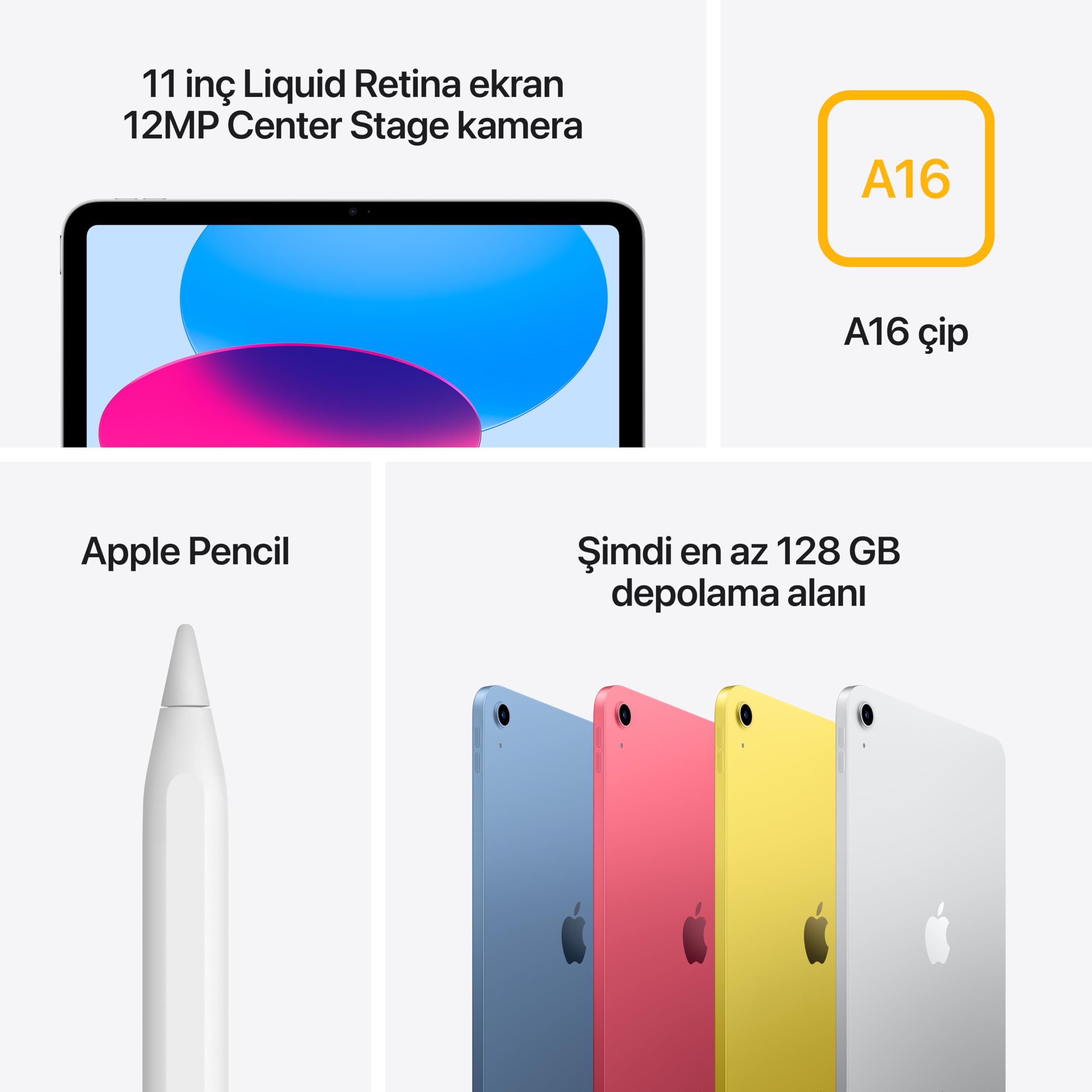 Apple A16 çipli iPad: 11 inç Liquid Retina Ekran, 128 GB, Wi-Fi 6, 12 MP Ön Kamera/12 MP Arka Kamera, Touch ID, Tüm Gün Süren Pil Ömrü — Gümüş Rengi