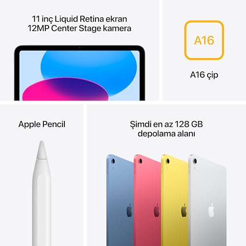 Apple A16 çipli iPad: 11 inç Liquid Retina Ekran, 128 GB, Wi-Fi 6, 12 MP Ön Kamera/12 MP Arka Kamera, Touch ID, Tüm Gün Süren Pil Ömrü — Gümüş Rengi