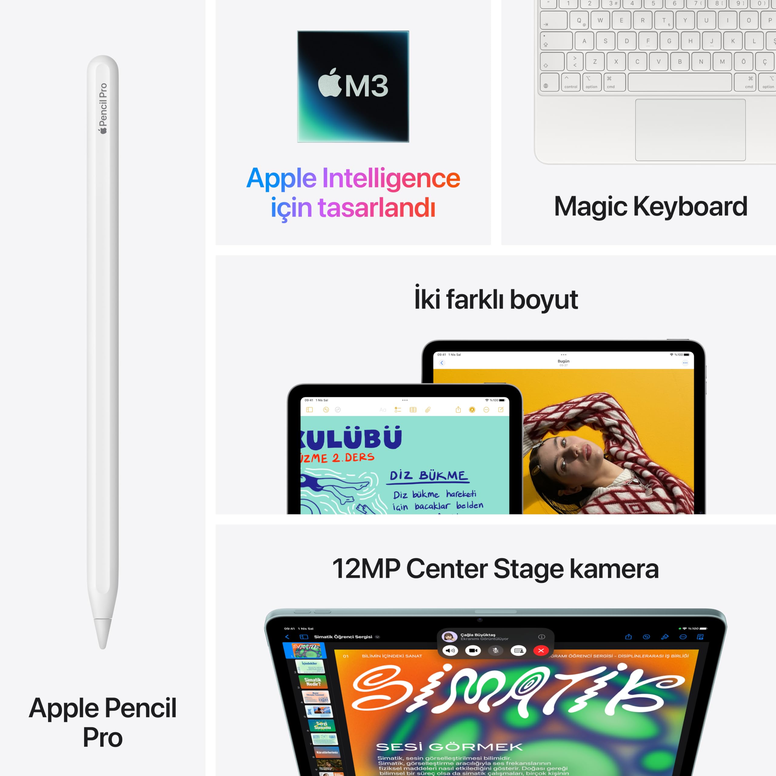 Apple M3 çipli 11 inç iPad Air: Liquid Retina Ekran, 128 GB, 12 MP Ön/Arka Kamera, Wi-Fi 6E, Touch ID, Tüm Gün Süren Pil Ömrü — Uzay Grisi