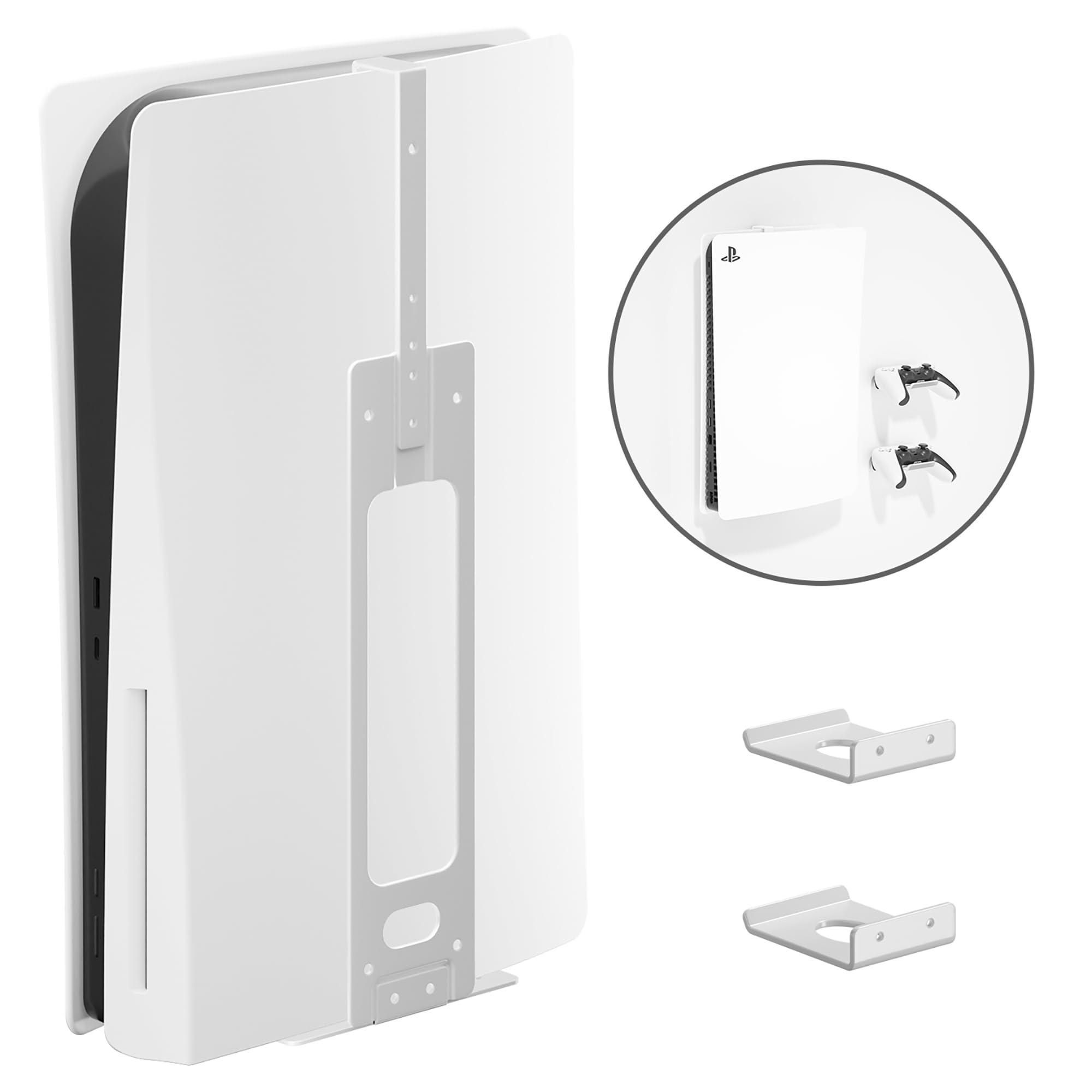 Upgraded Adjustable Console Holder Wall Mount for PS5: Black Gaming Stand for PlayStation 5/PS5 Slim/Pro Digital Disc Edition With 2 Controller Kits White