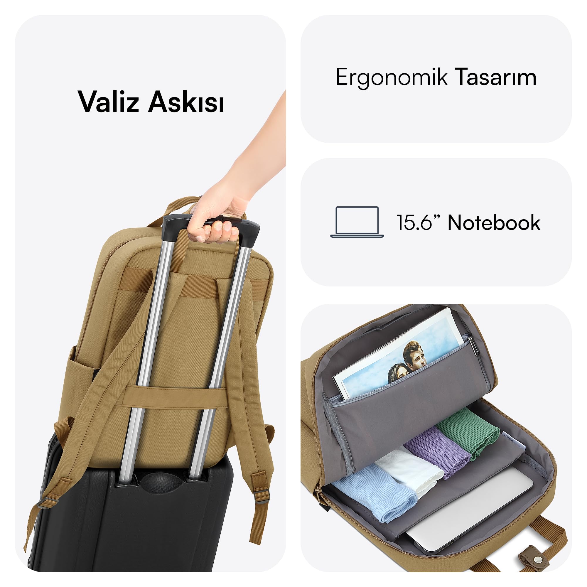 Mack MCE-1523 Nova Eco Çevre Dostu Laptop Sırt Çantası 15.6 inç, YKK Fermuarlı Bilgisayar Sırt Çantası, Kadın ve Erkek Günlük Çanta, Okul ve İş Çantası, Camel
