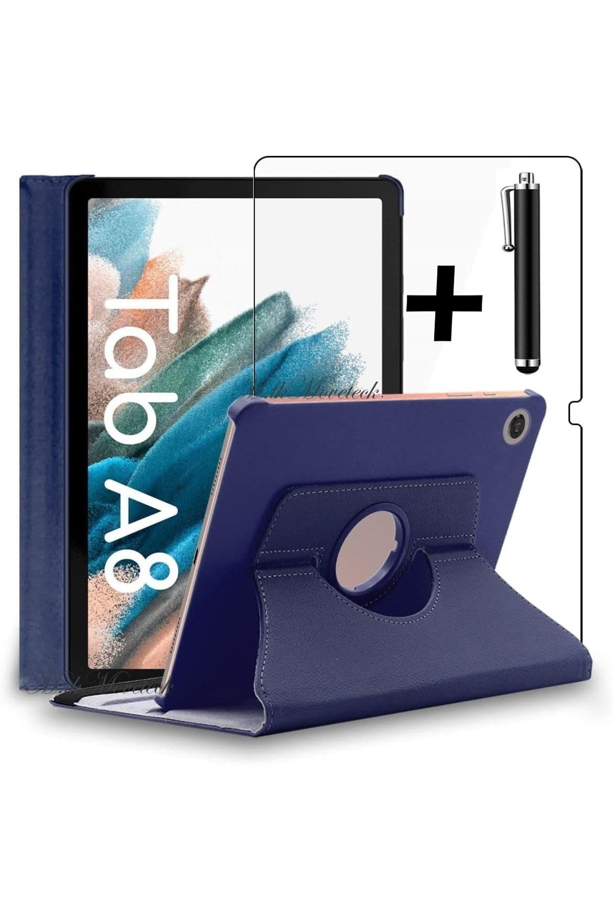 M.TK moveteck Samsung Galaxy Tab A8 10.5 Sm-x200 Kılıf Dönebilen 360 Tablet Kılıfı + Ekran Koruyucu Cam +kalem Set, Lacivert, Tek Ebat, X200-X205-X207-360-laci