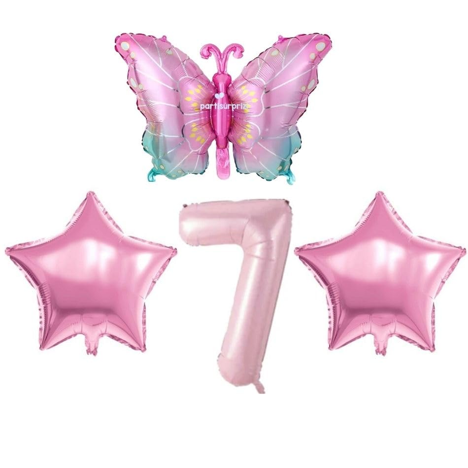 Pembe Kelebekli 7 Yaş Folyo Balon Set