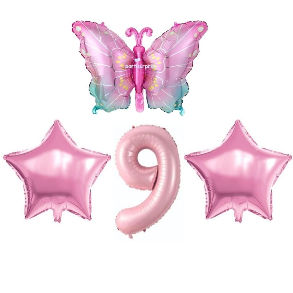 Pembe Kelebekli 9 Yaş Folyo Balon Set