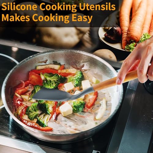 Promosyonca Premium Silikon Mutfak Gereçleri Seti, Kaliteli Ahşap Saplı, 11 Parça, Standlı (Gri)