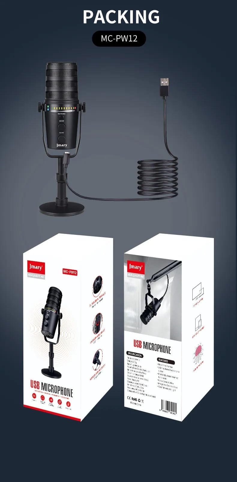 Coverzone Profesyonel Stüdyo Mikrofon, Sinyal-Gürültü Oranı (SNR) – 85dB, Dinamik Aralık – 88dB, Kayıt Condenser Masaüstü Canlı Yayın Mikrofonu PC USB, Oyun, Podcast, Kayıt, Yayın PW12