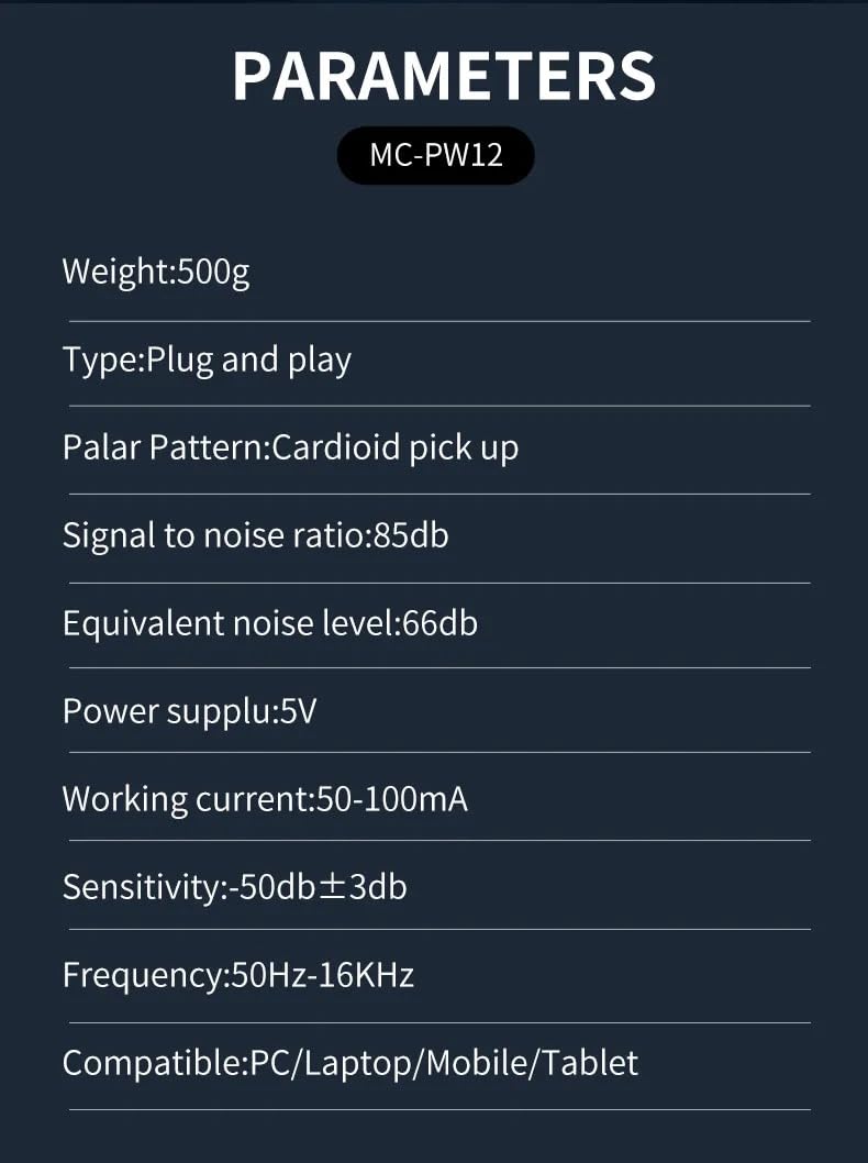Coverzone Profesyonel Stüdyo Mikrofon, Sinyal-Gürültü Oranı (SNR) – 85dB, Dinamik Aralık – 88dB, Kayıt Condenser Masaüstü Canlı Yayın Mikrofonu PC USB, Oyun, Podcast, Kayıt, Yayın PW12