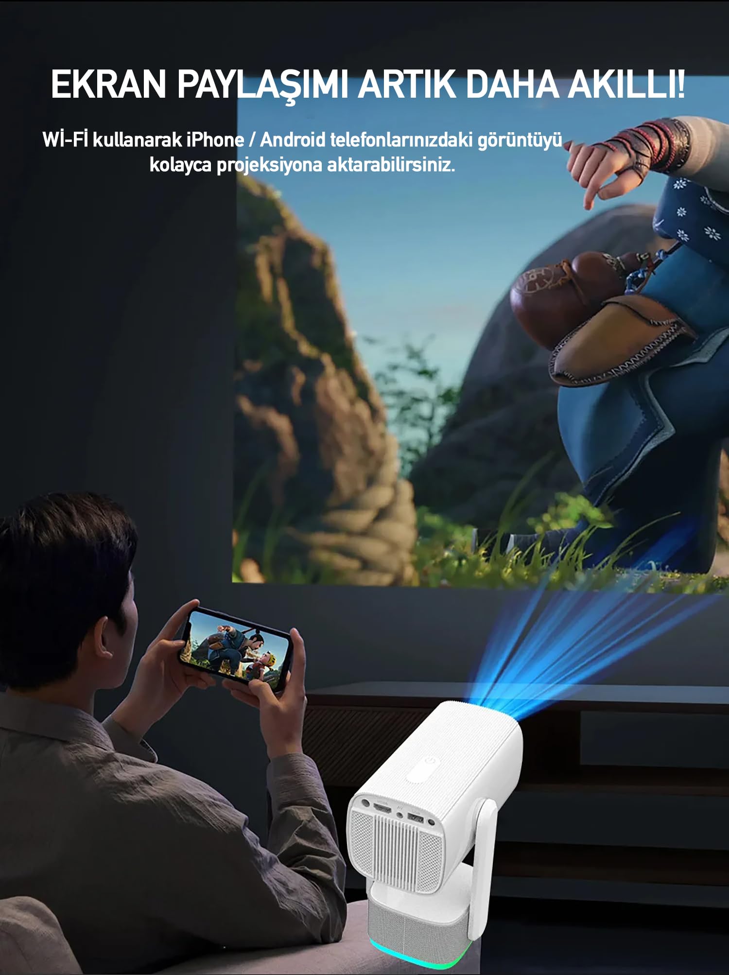 ROBEVE Full Hd 1080P Şarjlı Projeksiyon Cihazı - Dev Ekran, Wifi Bağlantılı, Hazır Android Kurulu, H
