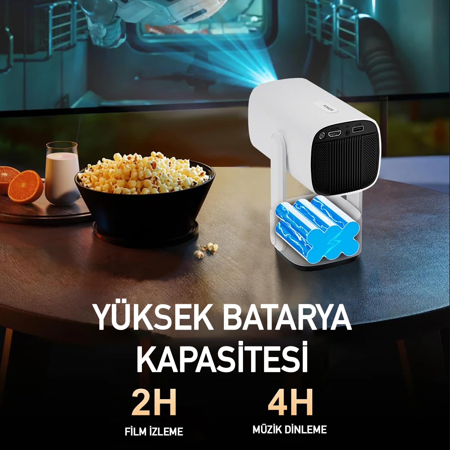 ROBEVE Full Hd 1080P Şarjlı Projeksiyon Cihazı - Dev Ekran, Wifi Bağlantılı, Hazır Android Kurulu, H