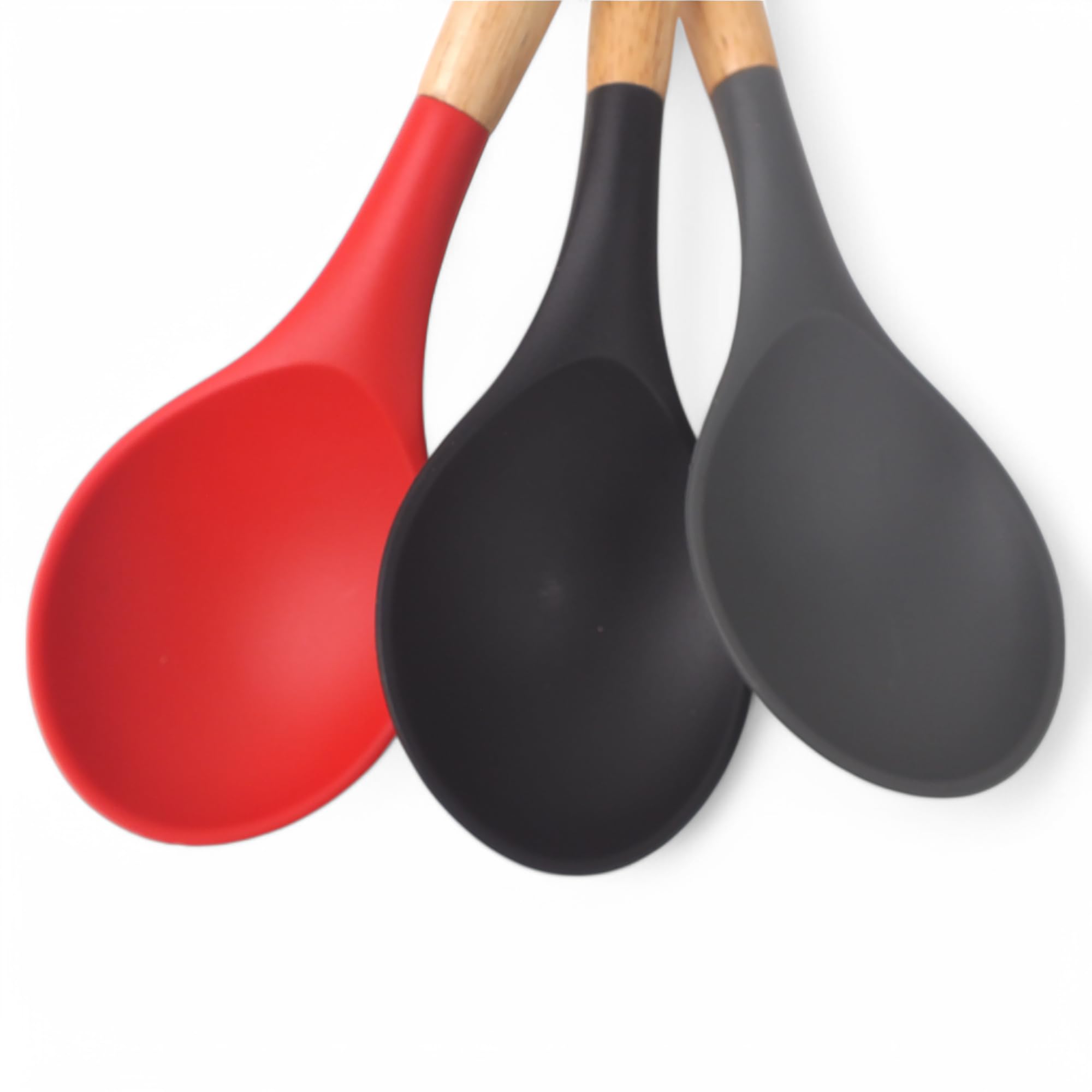 Deconox Bambu Saplı Silikon Servis Kaşığı, Bambu Uzun Silikon Servi Kaşığı 28cm 3 Renk Seçenekli, Ye