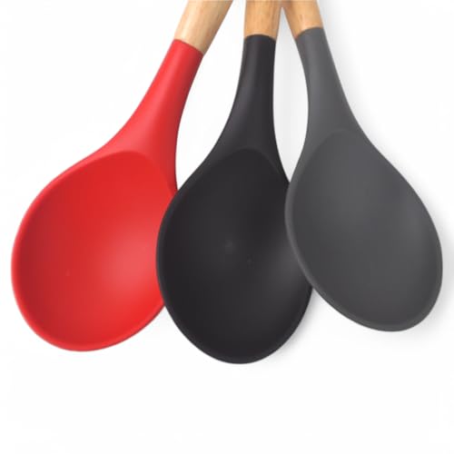 Deconox Bambu Saplı Silikon Servis Kaşığı, Bambu Uzun Silikon Servi Kaşığı 28cm 3 Renk Seçenekli, Ye
