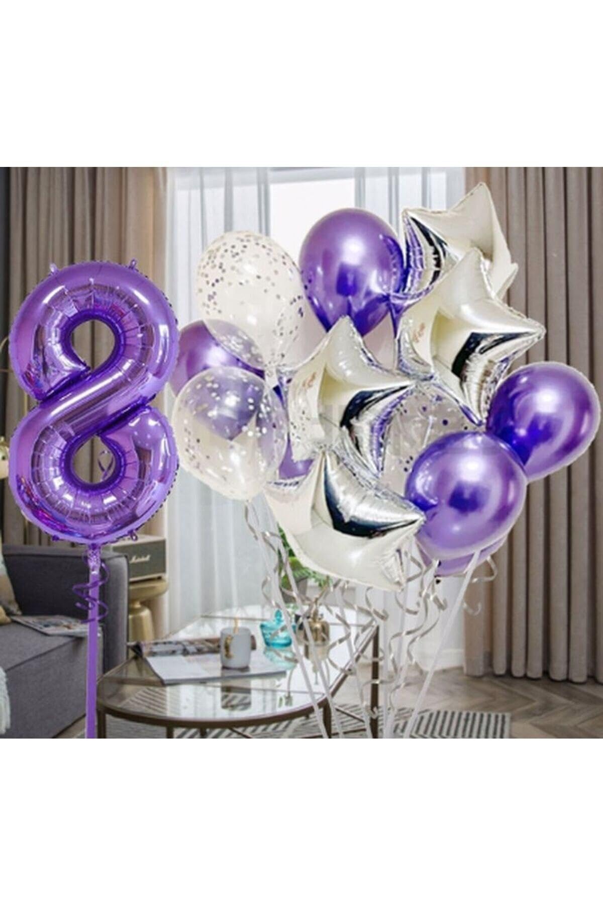 Parti Station Mor 8 Yaş Rakam Balon Seti Doğum Günü Dekorasyonu PSmorset