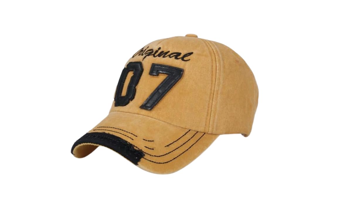 Vintage Tarzı '07' Yazılı Eskitilmiş Beyzbol Şapkası, Sarı Renk, Ayarlanabilir, Pamuklu, Hat, Cap, Şapka