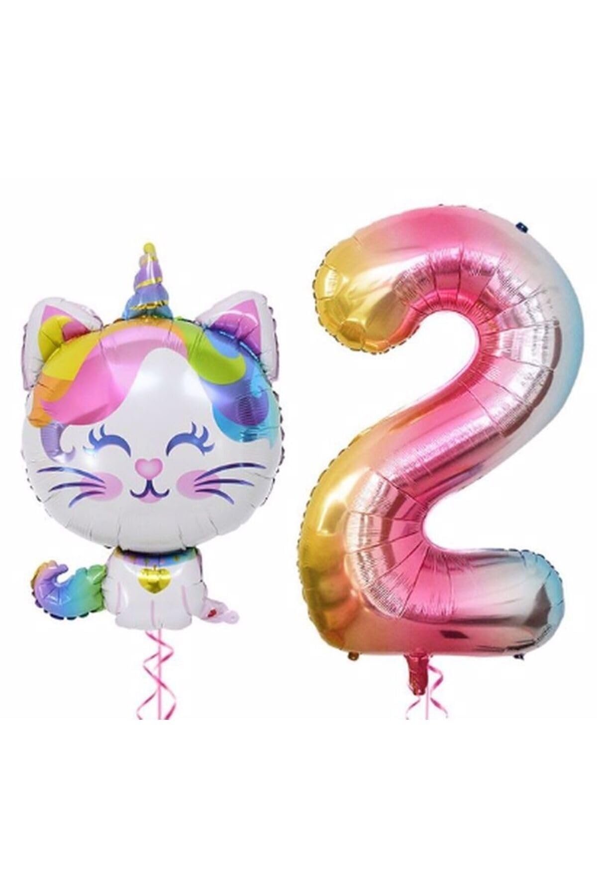 Parti Station Unicorn Kedi Renkli Folyo 2 Yaş Doğum Günü Balon Set PSUNICATPS