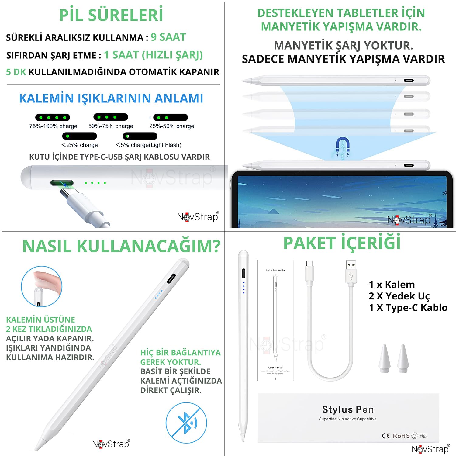 NovStrap Apple iPad 10. Nesil 11. Nesil A16 10.9 inç ile Uyumlu Dokunmatik Tablet Kalemi DZ900 Gen3 Stylus Pencil Avuç İçi Reddi 2 Adet Yedek Uç