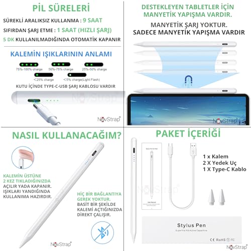 NovStrap Apple iPad 10. Nesil 11. Nesil A16 10.9 inç ile Uyumlu Dokunmatik Tablet Kalemi DZ900 Gen3 Stylus Pencil Avuç İçi Reddi 2 Adet Yedek Uç