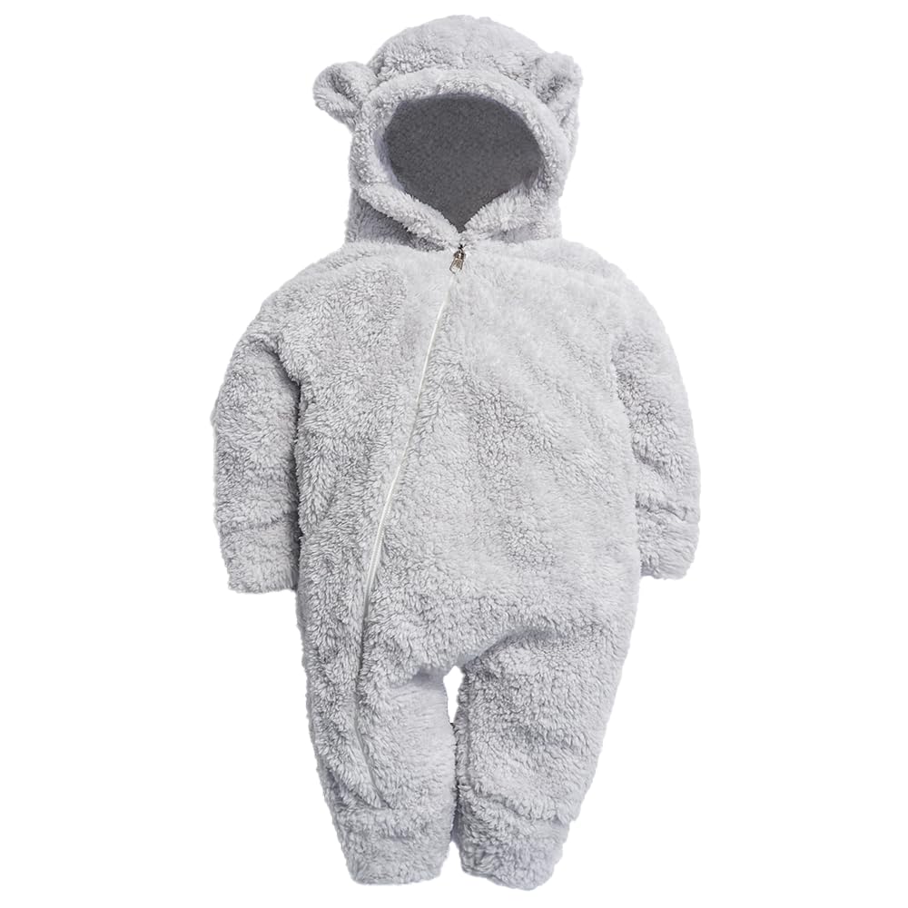 Kız Erkek Bebek Ve Çocuk Kapüşonlu Peluş Ayıcık Tulum (Gri, 3 ay)