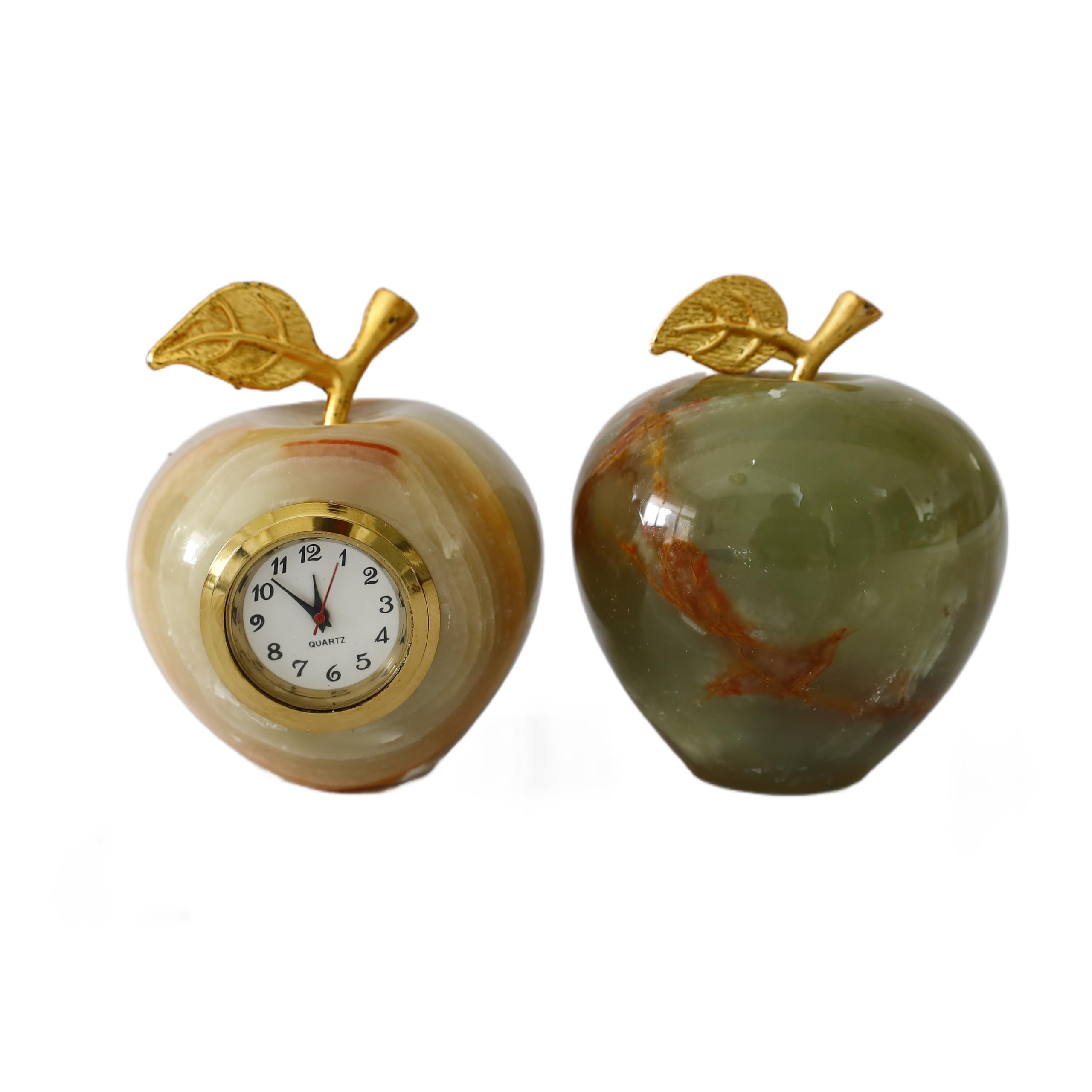 Dekoratif Oniks Elma Şeklinde Masa Saati ve Biblo Seti, 5 cm, Altın Yapraklı, (yeşil)