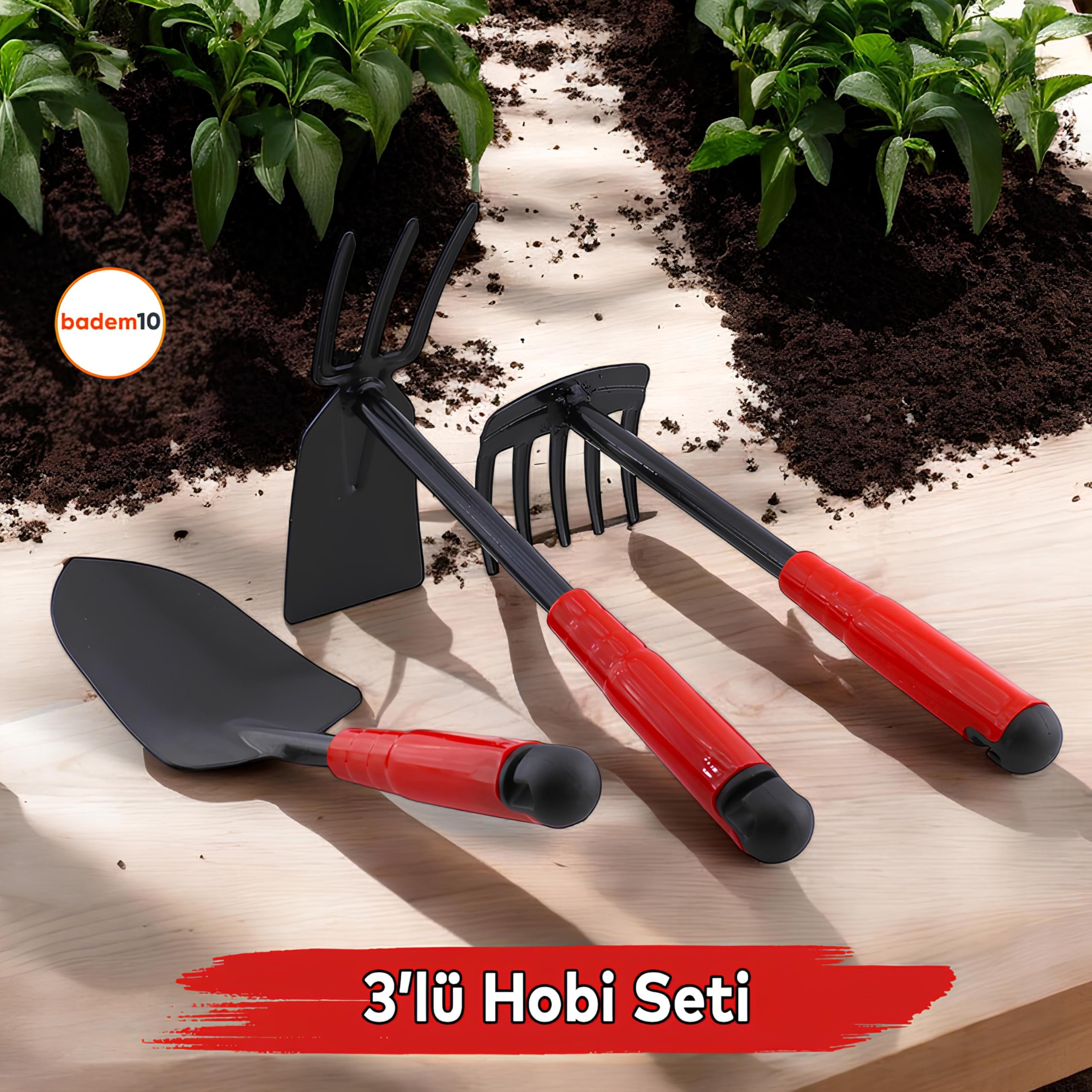 Hobi Çapa Tırmık 3'lü Set Metal Bahçe Tarla Çim Peyzaj Bitki Çiçek Ekme Toprak İşleme Küreği Küçük