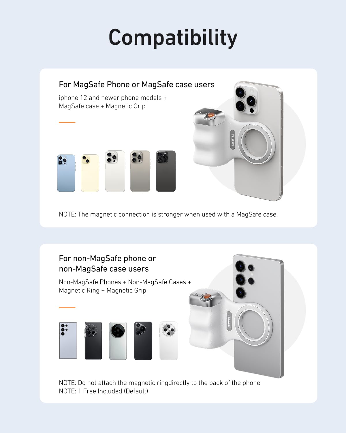 TELESIN iPhone ve Android için Manyetik Telefon Kamera Tutacağı, Çıkarılabilir Kablosuz Deklanşör Uzaktan Kumandalı, MFI Resmi Sertifikası, 1/4 inç Tripod Vidası, Konforlu Ergonomik Kamera Kavrama