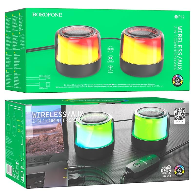 Coverzone Borofone Çiftli RGB Işıklı Kablolu veya Kablosuz Stereo Speaker Bluetooth Hoparlör Taşınabilir Hoparlör Ofis ve Ev TV ve Bilgisayar için Kablosuz Hoparlör BP12