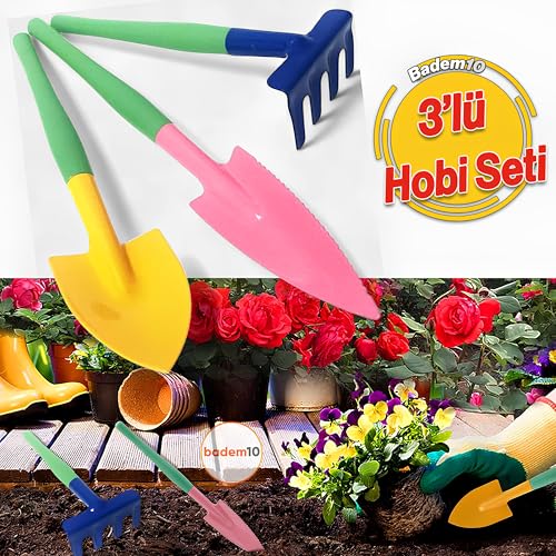 Hobi 3'lü Set Çapa Tırmık Metal Bahçe Tarla Çim Peyzaj Bitki Çiçek Ekme Toprak İşleme Küreği Küçük