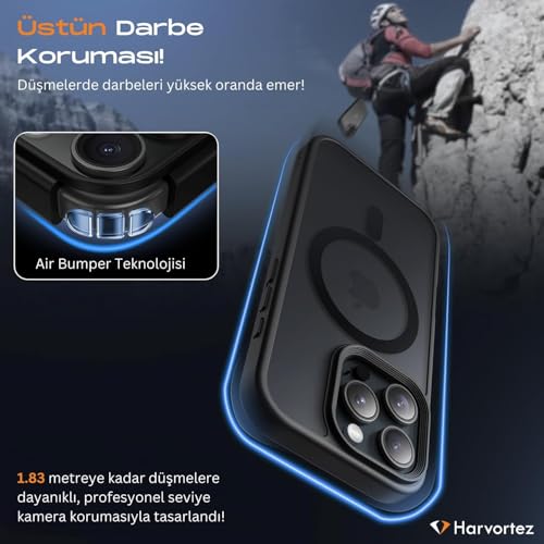 HARVORTEZ iPhone 16 Plus Kılıf 6.7" MagSafe ile Uyumlu, Darbeye Dayanıklı Cep Telefon Kılıfı, Mat Arka Yüzey N56 Manyetik, Alüminyum Tuşlar, BPA İçermez, Sararmaz Phone Case - Siyah