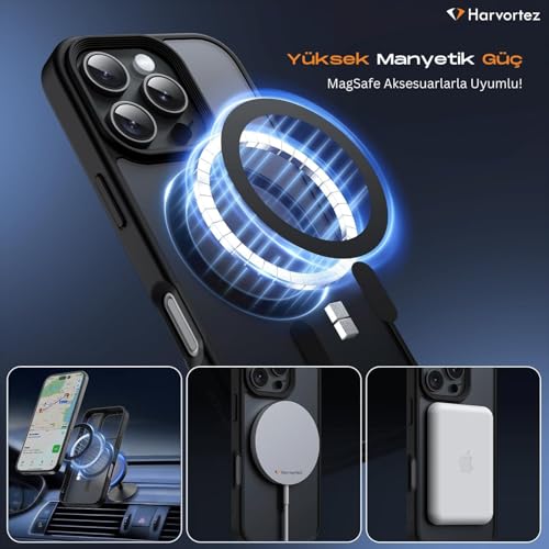 HARVORTEZ iPhone 16 Plus Kılıf 6.7" MagSafe ile Uyumlu, Darbeye Dayanıklı Cep Telefon Kılıfı, Mat Arka Yüzey N56 Manyetik, Alüminyum Tuşlar, BPA İçermez, Sararmaz Phone Case - Siyah