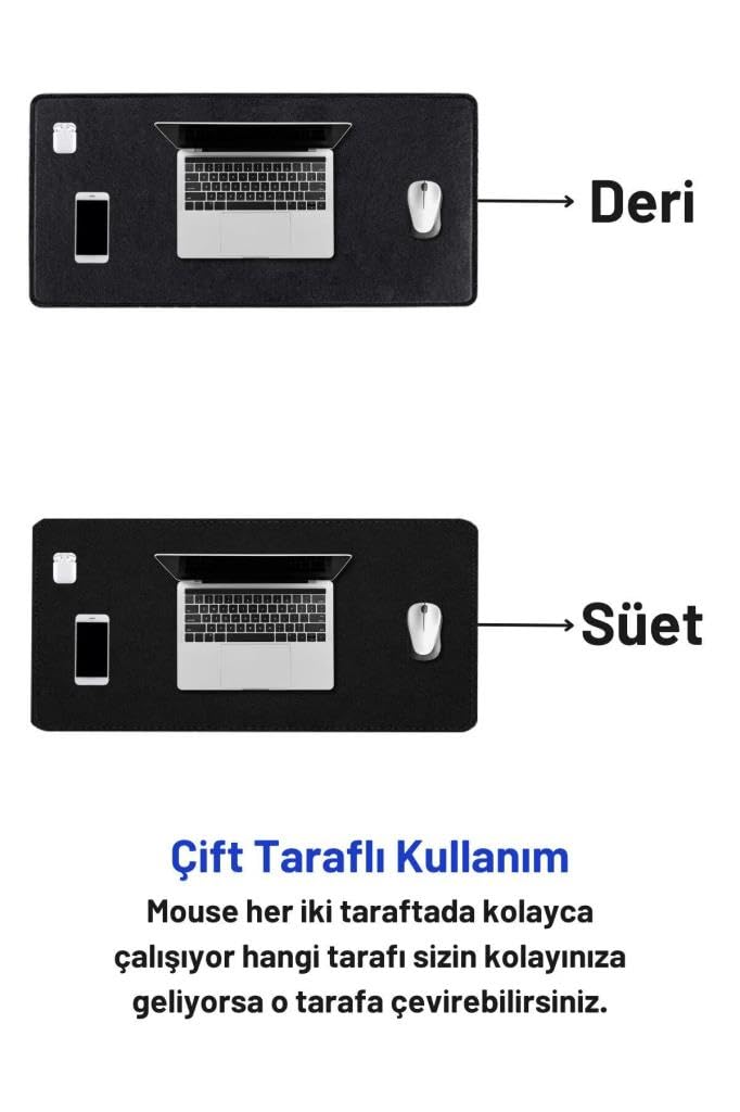 90x40 XL Deri Mouse Pad,Ofis,Masa Matı Sümen,Konforlu Mouse Pad,Çift Yönlü (Siyah)