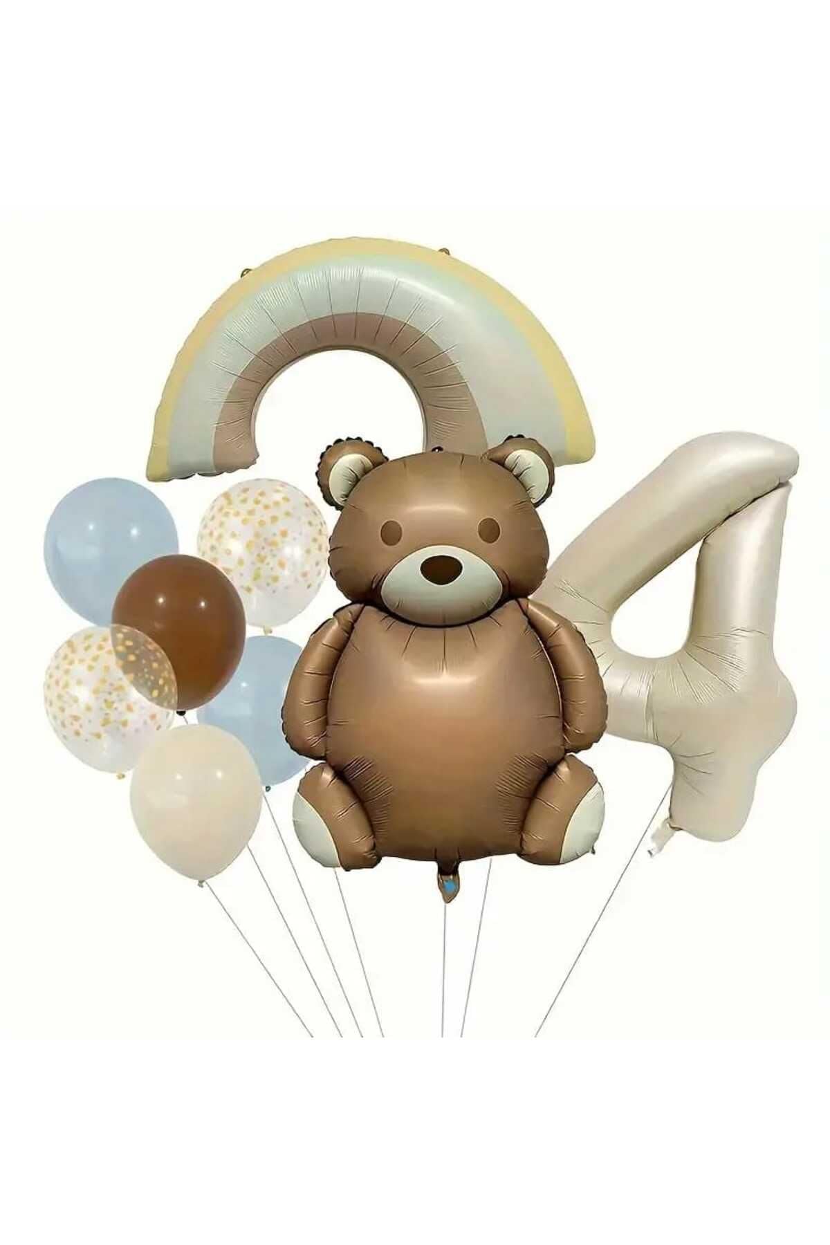 Retro Renk Ayicik Folyolu Yaş Balon Set, 4