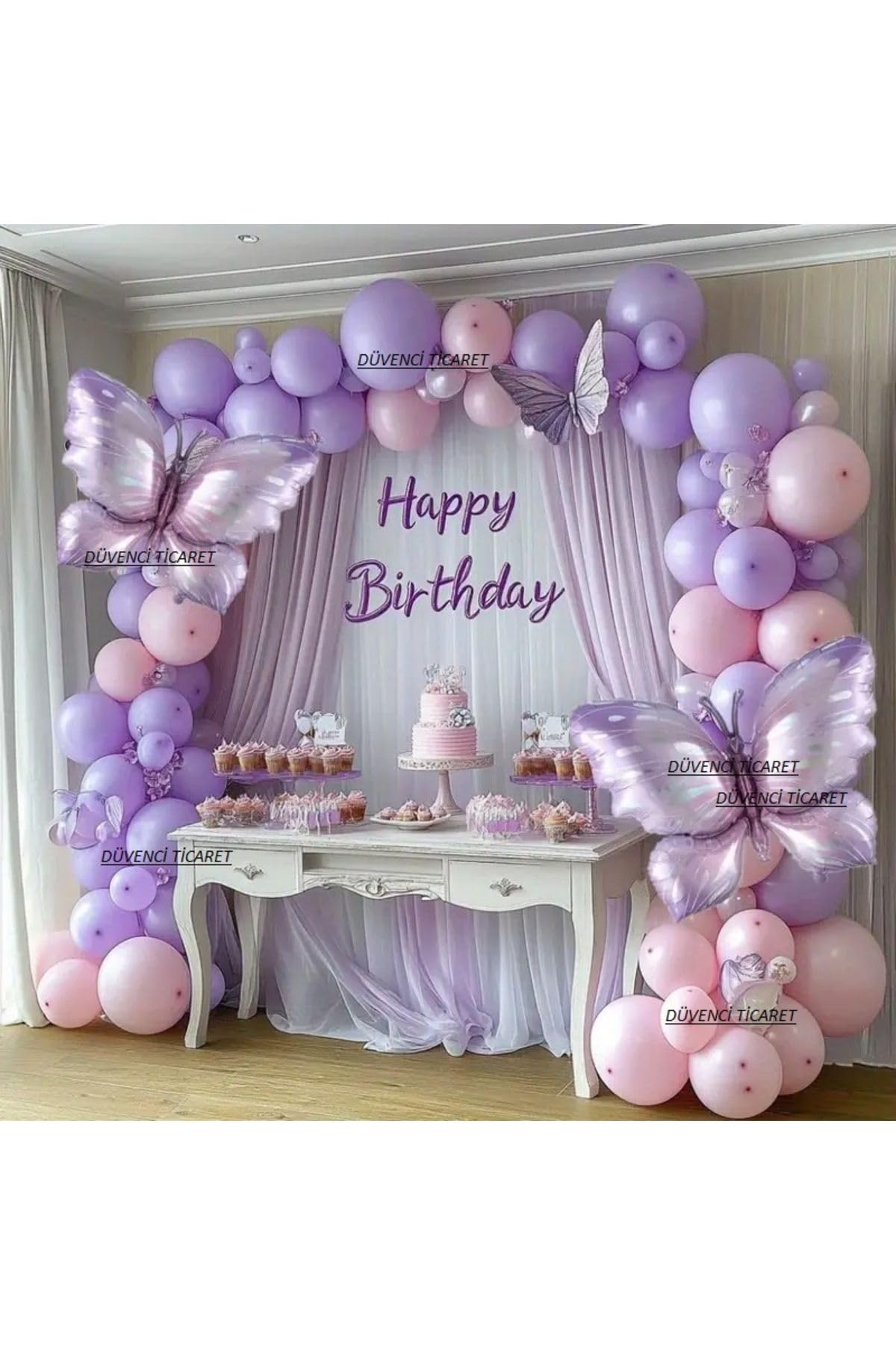 Makaron Lila Pembe Kelebek Folyo Balonlu Balon Zincir Set
