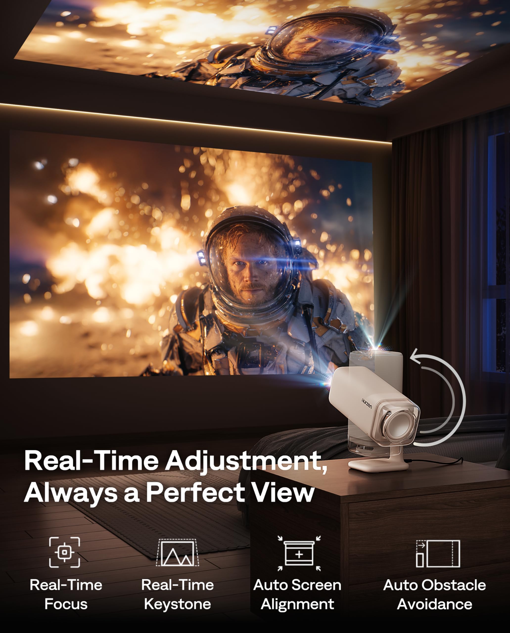Aurzen BOOM Air Taşınabilir Google TV Projektörü WiFi ve Bluetooth Özellikli, ı İçin Akıllı Projektör, USB-C ile Güçlendirilmiş, 4K Destekli, Gerçek Zamanlı Odaklanma, Dolby Ses, Ayarlanabilir Stand,