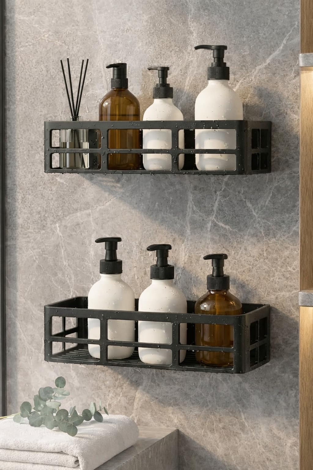 Yapışkanlı Duş Rafı – 2 Adet Paslanmaz Banyo Şampuanlık Organizer | Delmeden Montaj | Geniş Kapasiteli Duş Organizeri | Siyah Plastik Raf – Banyo Mutfak Uyumlu