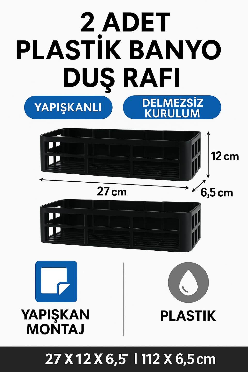 Yapışkanlı Duş Rafı – 2 Adet Paslanmaz Banyo Şampuanlık Organizer | Delmeden Montaj | Geniş Kapasiteli Duş Organizeri | Siyah Plastik Raf – Banyo Mutfak Uyumlu
