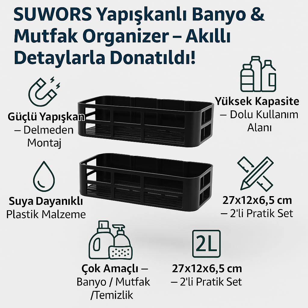 Yapışkanlı Duş Rafı – 2 Adet Paslanmaz Banyo Şampuanlık Organizer | Delmeden Montaj | Geniş Kapasiteli Duş Organizeri | Siyah Plastik Raf – Banyo Mutfak Uyumlu