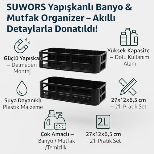 Yapışkanlı Duş Rafı – 2 Adet Paslanmaz Banyo Şampuanlık Organizer | Delmeden Montaj | Geniş Kapasiteli Duş Organizeri | Siyah Plastik Raf – Banyo Mutfak Uyumlu