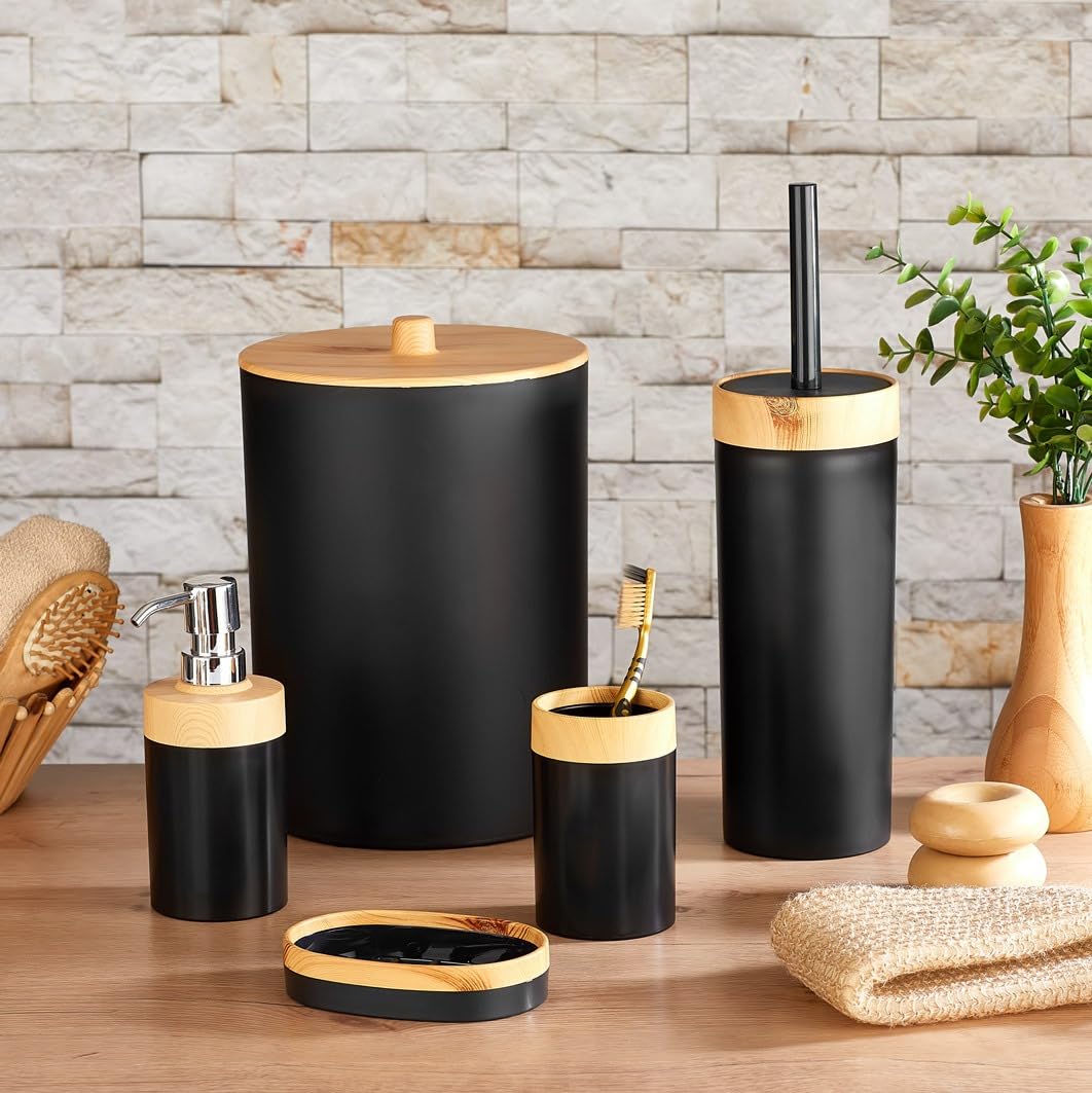 Deconox 5 Parça Lüx Bambu Görünümlü Banyo Seti | 10 Litre Çöp Kovası ve Antibakteriyel Tuvalet Fırçası (SİYAH)