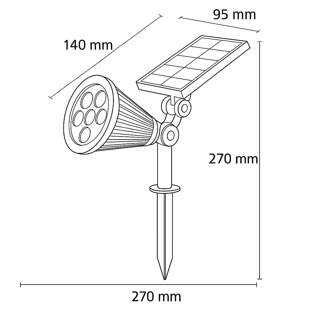 7W Solar LED Bahçe Armatürü Amber Işık – Güneş Enerjili Kazıklı & Duvar Montajlı Çim Aydınlatma Lambası – 7 LED, IP65, 90 Lümen, 140x270x95 mm