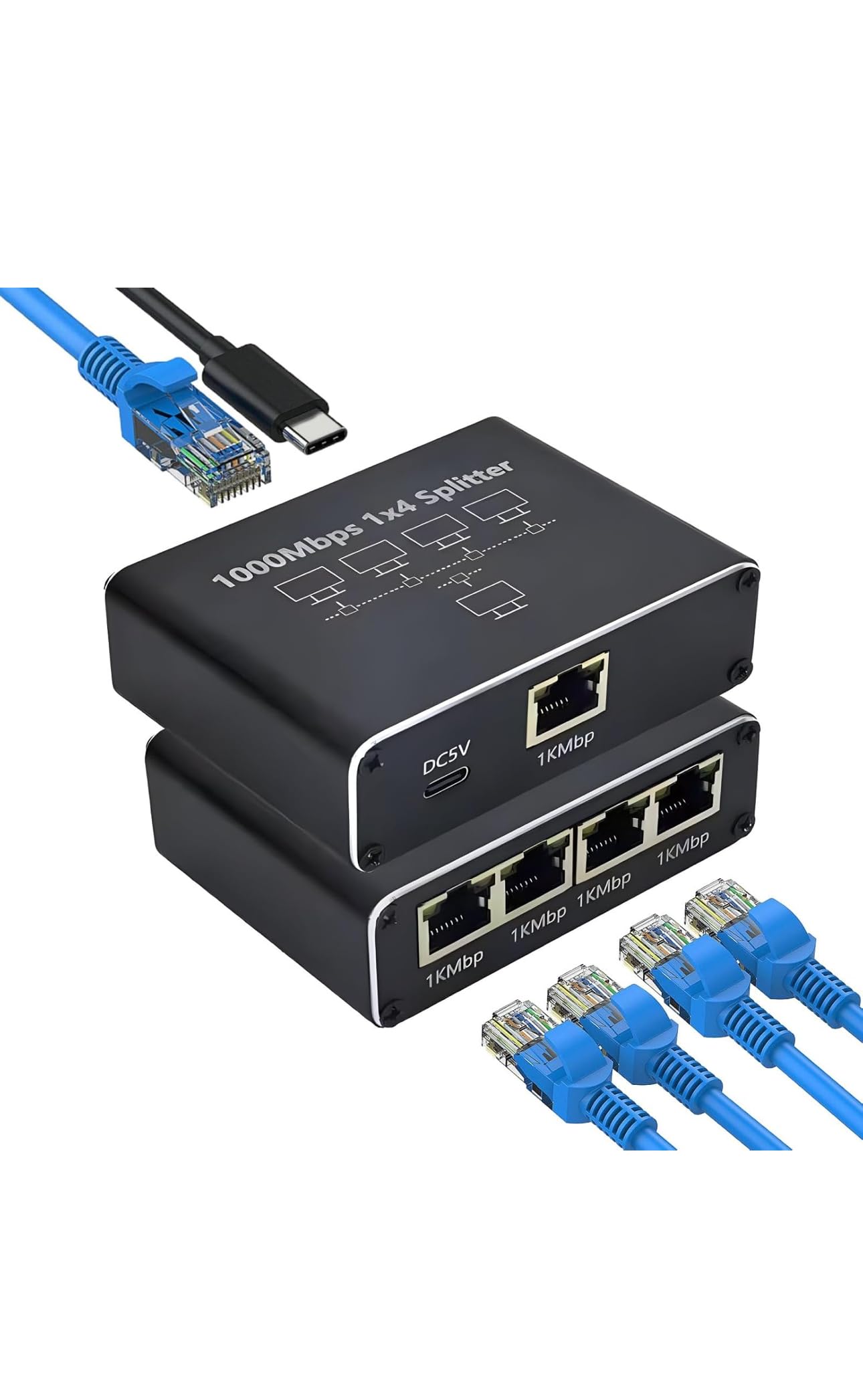 Ethernet Splitter, Gigabit Ağ Bölücü, Bilgisayar, Hub, Anahtar, Yönlendirici 1x4 Portlu, Evrensel Ağ Genişletici, USB-C Güç Girişli, 1000Mbps RJ45 LAN İnternet Splitter Eşzamanlı Çalışma
