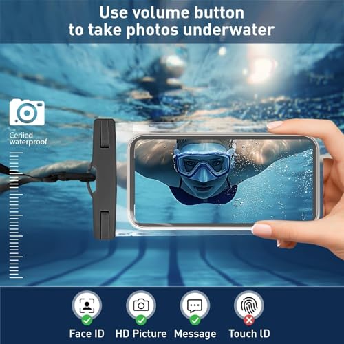 Su geçirmez cep telefonu kılıfı, iPhone 16/15 Pro Max ve Galaxy S24+/S23 7 inç su geçirmez cep telefonu kılıfı, kordonlu, IPX8 plaj seyahati, plaj ihtiyaçları, siyah, 1 paket