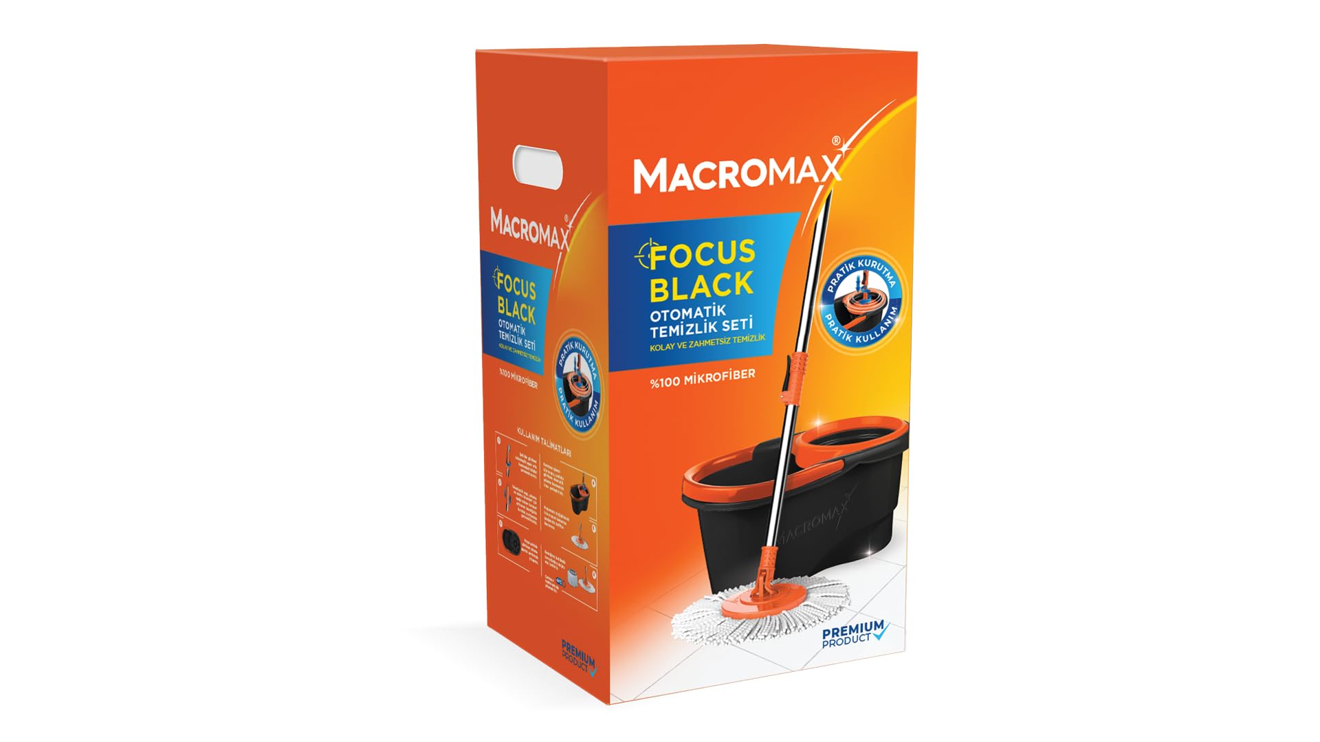 Macro Max Focus Black Otomatik Temizlik Seti, Pedalsız Döner Sıkmalı 360 Başlıklı Mikrofiber Paspas