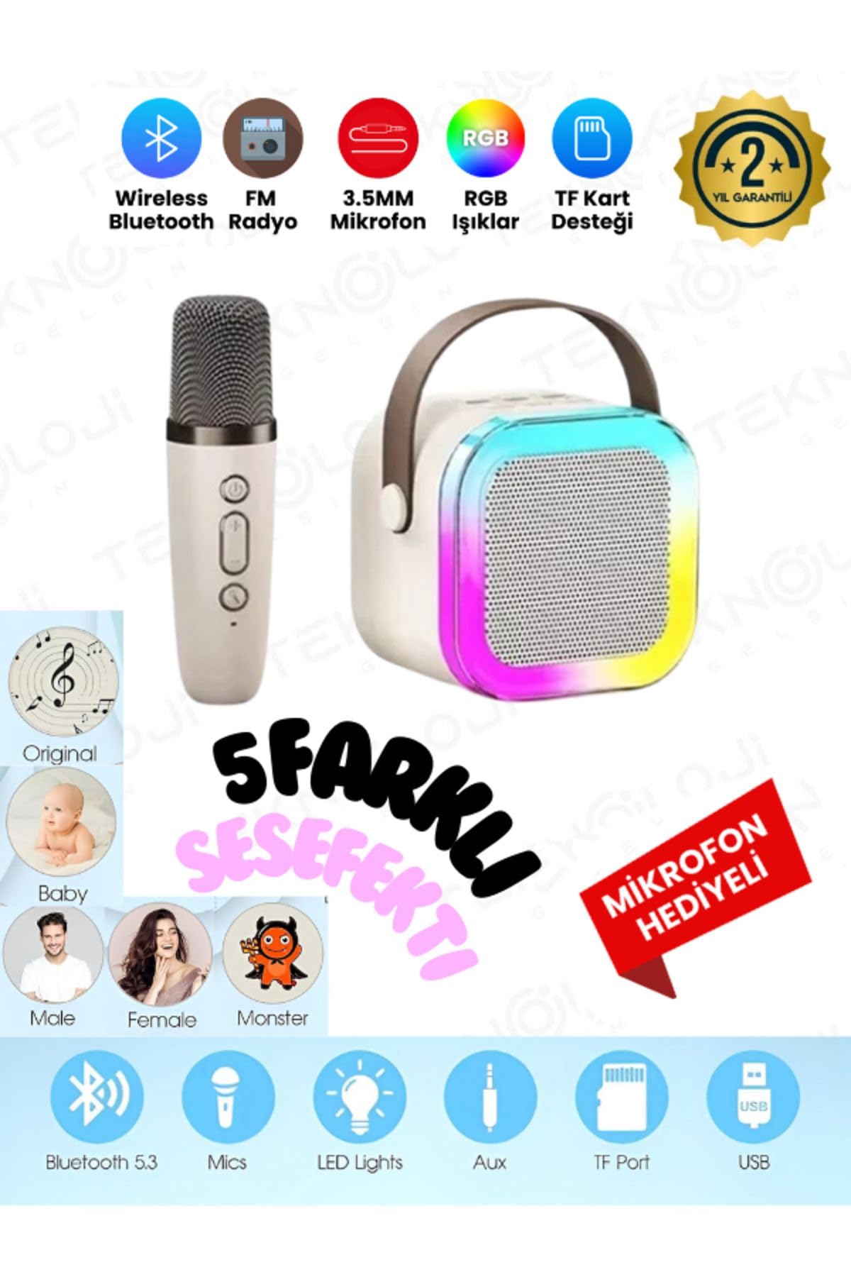 K12 Kablosuz Bluetooth Hoparlör Karaoke Mikrofon 5 Ses Efektli Rgb Hd Stereo ?es Usb/Sd/FM