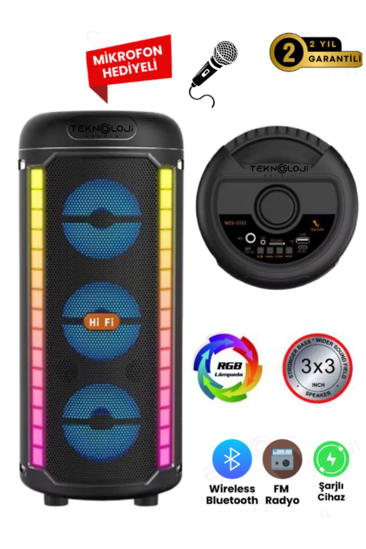 Bluetooth Hoparlör 3X3inç 40cm Stereo Effect Rgb Işık Parti Hoparlörü Speaker Karaoke Mikrofon Hediy
