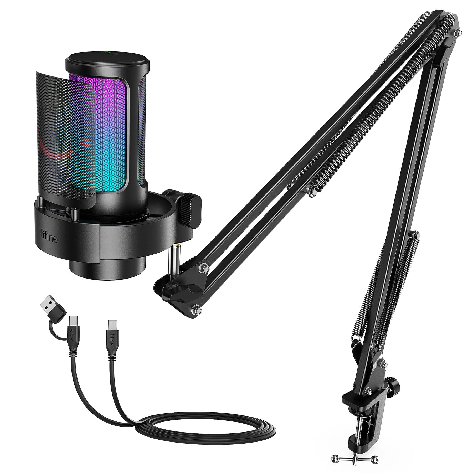 FIFINE USB Oyun Mikrofonu Seti, RGB Işıklı PC Akışlı Mikrofon, Sessiz, Kazanç Düğmesi, Podcast Kaydı için Metal Bom Kolu, PS4/PS5-AmpliGame A8T ile Uyumlu Kondenser Bilgisayar Mikrofon Seti