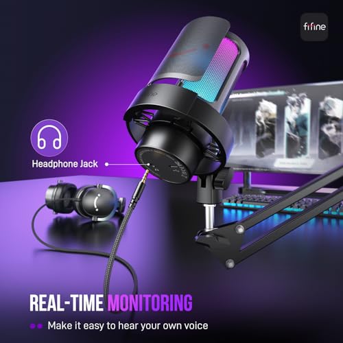 FIFINE USB Oyun Mikrofonu Seti, RGB Işıklı PC Akışlı Mikrofon, Sessiz, Kazanç Düğmesi, Podcast Kaydı için Metal Bom Kolu, PS4/PS5-AmpliGame A8T ile Uyumlu Kondenser Bilgisayar Mikrofon Seti