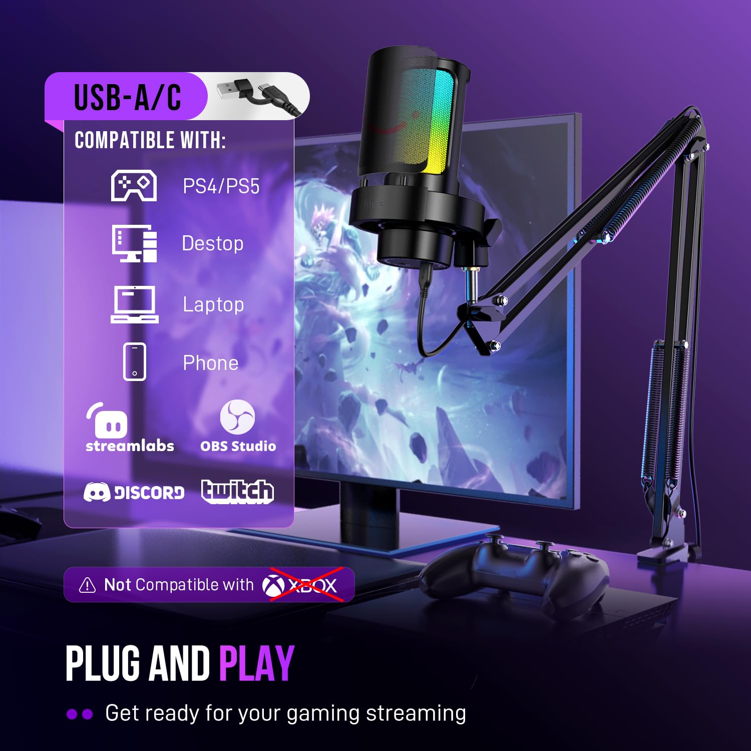 FIFINE USB Oyun Mikrofonu Seti, RGB Işıklı PC Akışlı Mikrofon, Sessiz, Kazanç Düğmesi, Podcast Kaydı için Metal Bom Kolu, PS4/PS5-AmpliGame A8T ile Uyumlu Kondenser Bilgisayar Mikrofon Seti