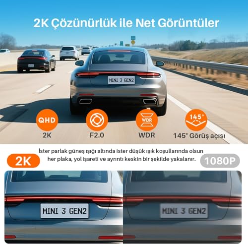 Kawa Mini 3 Gen2 2K 1296P WiFi 145° Geniş Açı Gece Görüşlü 32GB Hafıza Kartlı Akıllı Araç Kamerası