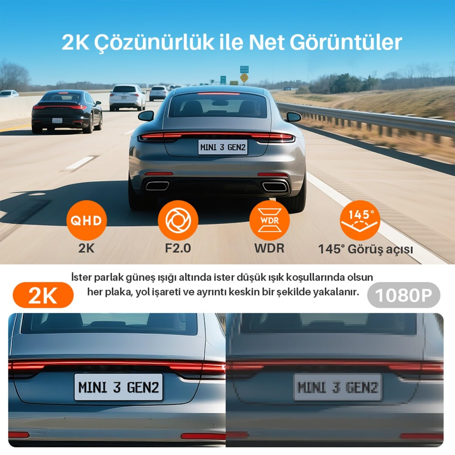 Kawa Mini 3 Gen2 2K 1296P WiFi 145° Geniş Açı Gece Görüşlü 32GB Hafıza Kartlı Akıllı Araç Kamerası