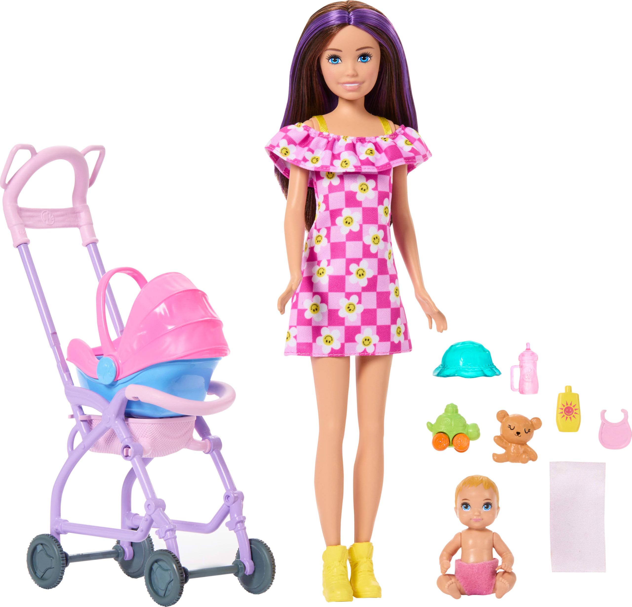 Barbie Bebek Bakıcısı Skipper oyun seti, kahverengi saçlı yetişkin ve sarı saçlı küçük bebek, bebek arabası, çıkarılabilir araba koltuğu ve 7 aksesuar, JJB42