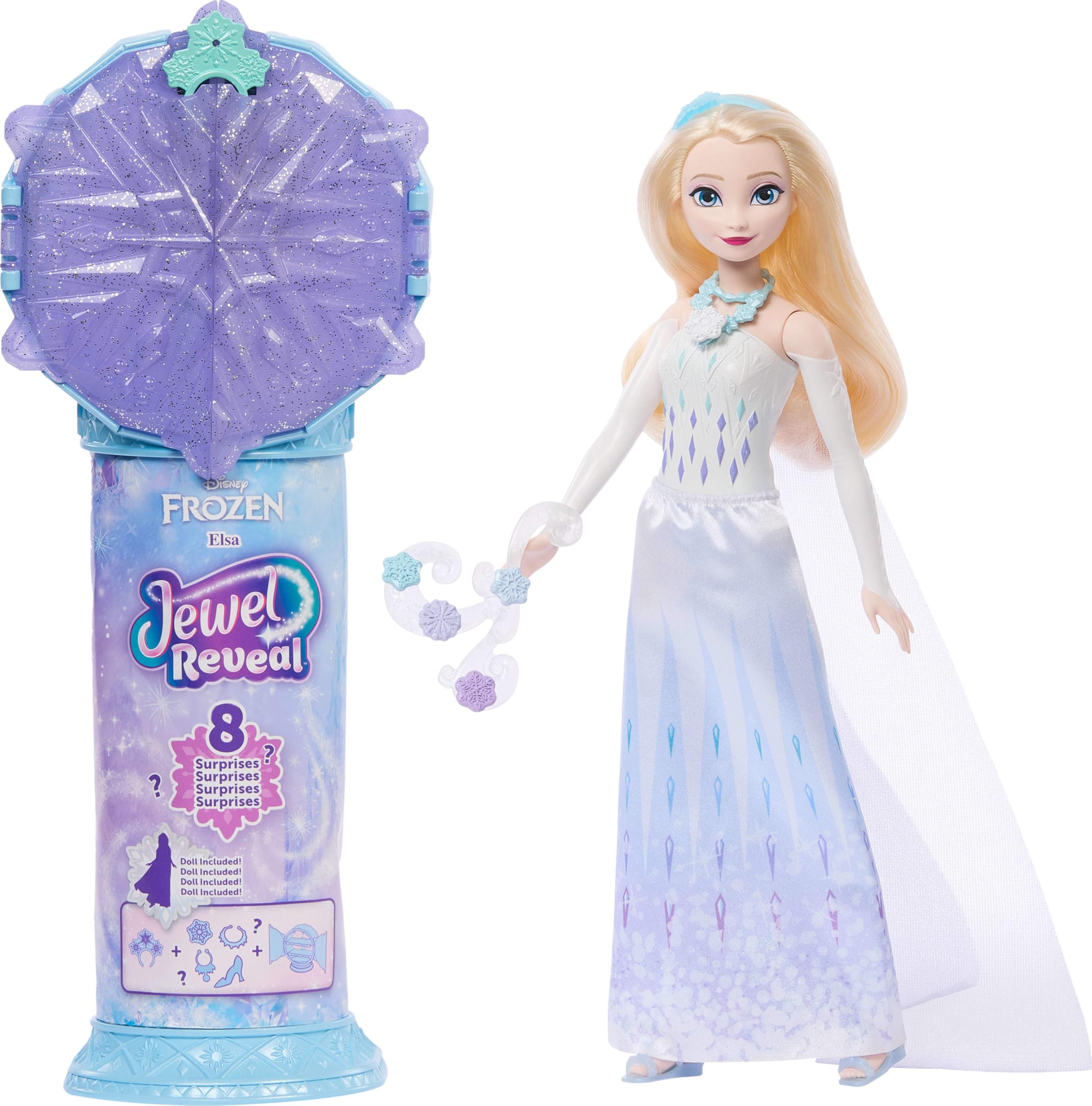 Mattel Filmden ilham alan Mattel Disney Karlar Ülkesi Elsa bebek, aksesuarlar, kar tanesi şeklinde değerli taş kutusu ile çocuk yüzüğü dahil 8 sürpriz ve 9 oyun parçası, JJY36